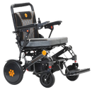 Front Right View Of The Bangeran Pegasus Kids Pediatric Electric Wheelchair Shown In Black And Orange Color