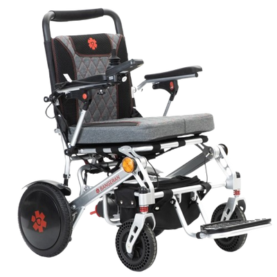 Front Right View Of The Bangeran Pegasus Kids Pediatric Electric Wheelchair Shown In Silver And Red Color