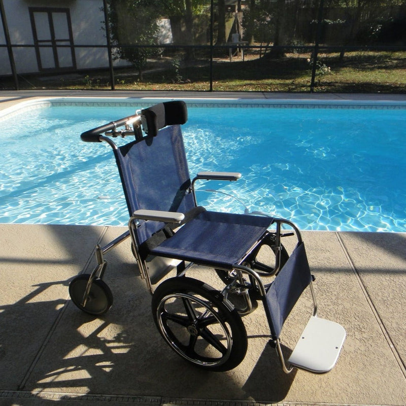 Front Right View Of The Debug Mobility Aquatic Submersible Wheelchair With Three Piece Headrest Assembly Shown In A Pool Setting