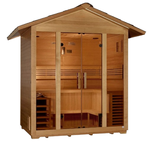 Front Right View Of The Golden Designs Vorarlberg 5-Person Outdoor Sauna | GDI-8105-01