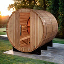 Front Right View Of The Golden Designs Zurich 4-Person Barrel Sauna | GDI-B024-01 Shown In An Outdoor Setting