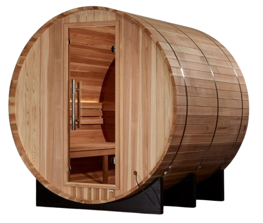 Front Right View Of The Golden Designs Zurich 4-Person Barrel Sauna | GDI-B024-01