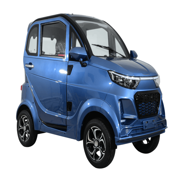 Front Right View Of The Green Transporter Q Runner Express Enclosed Mobility Scooter Shown In Blue Color