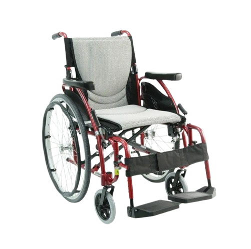 Front Right View Of The Karman S-Ergo 125 Wheelchair Shown With Gray Cushions And Red Frame