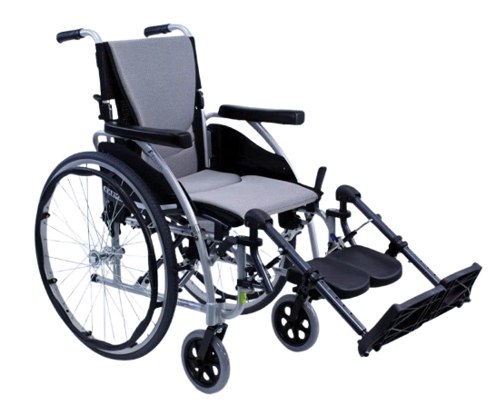 Front Right View Of The Karman S-Ergo 125 Wheelchair Shown With Gray Cushions, Silver Frame, And Elevating Leg Rests