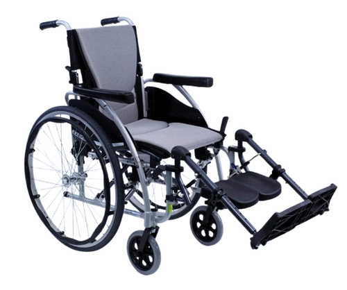 Front Right View Of The Karman S-Ergo 125 Wheelchair Shown With Gray Cushions, Silver Frame, And Elevating Leg Rests