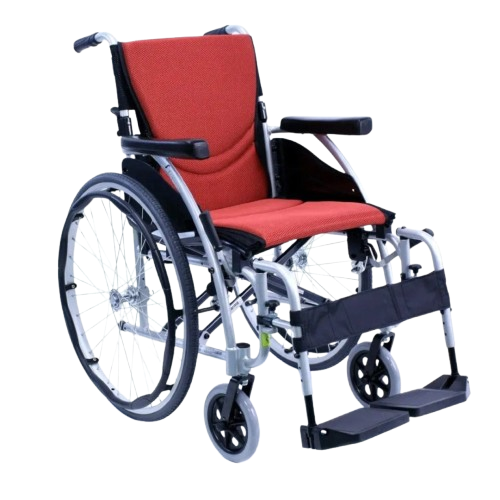 Front Right View Of The Karman S-Ergo 125 Wheelchair Shown With Red Cushions And Silver Frame