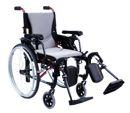 Front Right View Of The Karman S-Ergo 305 Wheelchair Shown With Rose Red Frame And Elevating Leg Rests