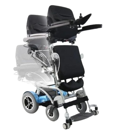 Front Right View Of The Karman XO-202 Power Standing Wheelchair Shown Transitioning From The Seat Position To The Standing Position