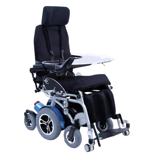 Front Right View Of The Karman XO-505 Power Standing Wheelchair Shown In Chair Position With Food Tray