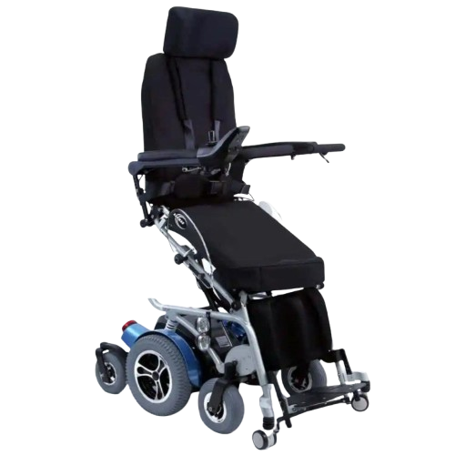 Front Right View Of The Karman XO-505 Power Standing Wheelchair Shown In The Middle Upright Position