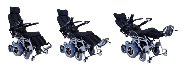Front Right View Of The Karman XO-505 Power Standing Wheelchair Shown In Various Positions