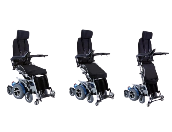 Front Right View Of The Karman XO-505 Power Standing Wheelchair Shown In Various Positions Leading To The Upright Position