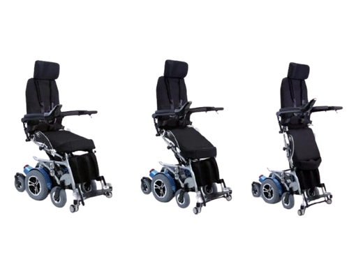 Front Right View Of The Karman XO-505 Power Standing Wheelchair Shown In Various Positions Leading To The Upright Position