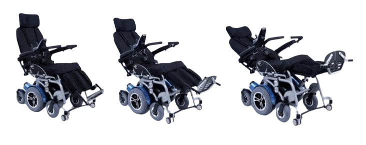 Front Right View Of The Karman XO-505 Power Standing Wheelchair Shown In Various Positions