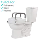Front Right View Of The Vive Health Raised Toilet Seat On Top Of The Toilet Bowl With Text 'Great For: Post-Surgery, Elderly, And Disabled'