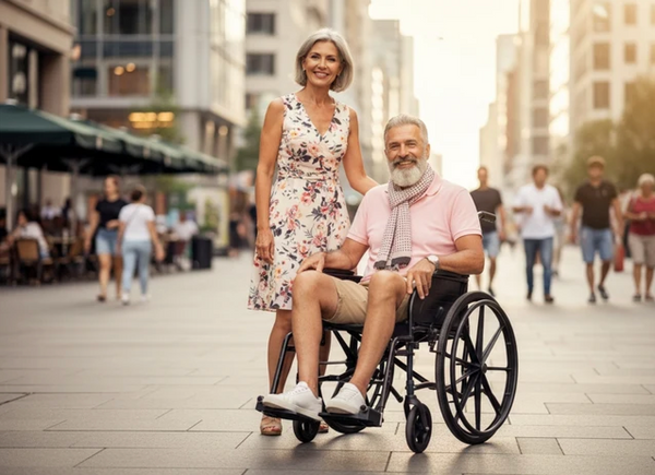 Front View Of An Elderly Man Sitting In The Strongback ErgoSteel Wheelchair With An Elderly Woman Standing Beside Him In A City Setting During The Day