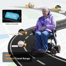 Front View Of Elderly Woman Sitting On The Paiseec W1 Lightweight 2‑in‑1 Electric Wheelchair Shown In Orange Color With 18 Mile Travel Range And Removable Battery Features Highlighted