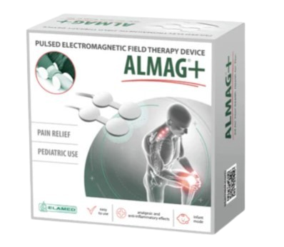 Front View Of The ALMAG+ Pulsed Electromagnetic Field Therapy Device Packaging Box, Featuring White And Gray With Green And Red Text And Graphics