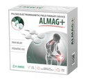Front View Of The ALMAG+ Pulsed Electromagnetic Field Therapy Device Packaging Box, Featuring White And Gray With Green And Red Text And Graphics