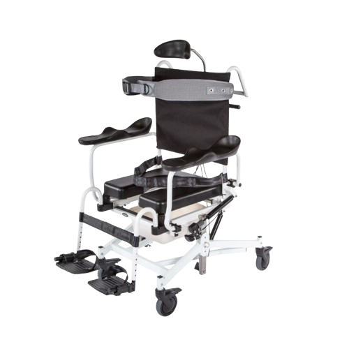Front View Of The ActiveAid 285TR Shower Commode Tilt-In-Space Chair Shown With White Frame Package #2