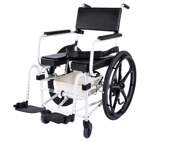 Front View Of The ActiveAid 600 Shower Commode Chair Shown With White Frame And Package