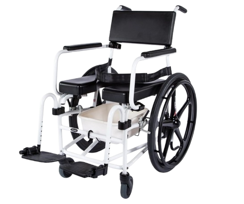 Front View Of The ActiveAid 600 Shower Commode Chair Shown With White Frame And Package #2