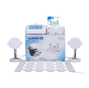 Front View Of The Almagia International ALMAG-2 PEMF Therapy Device Set With A White Electronic Unit, Two Circular Pads On Stands, A Grid Mat, And The Product Box