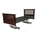 Front View Of The Assured Comfort Mobile Hi Low Adjustable Bed In The Elevated Height Position Shown In Mahogany Finish Mission Style Headboard And Footboard