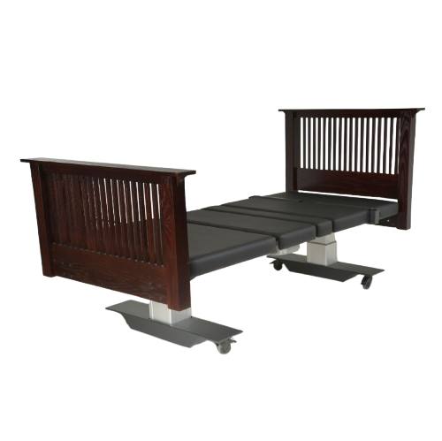 Front View Of The Assured Comfort Mobile Hi Low Adjustable Bed In The Elevated Height Position Shown In Mahogany Finish Mission Style Headboard And Footboard