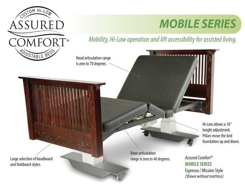 Front View Of The Assured Comfort Mobile Hi Low Adjustable Bed In The Elevated Height Position With Articulation Shown In Mahogany Finish Mission Style Headboard And Footboard Highlighting The Features Of The Bed