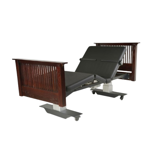 Front View Of The Assured Comfort Mobile Hi Low Adjustable Bed In The Elevated Height Position With Articulation Shown In Mahogany Finish Mission Style Headboard And Footboard