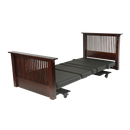 Front View Of The Assured Comfort Mobile Hi Low Adjustable Bed In The Flat Height Position Shown In Mahogany Finish Mission Style Headboard And Footboard