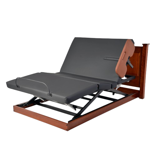 Front View Of The Assured Comfort Platform Hi Low Adjustable Bed In The Elevated Height Position And Articulation With Side Rail, Headboard In Raised Panel Style In Cherry Finish