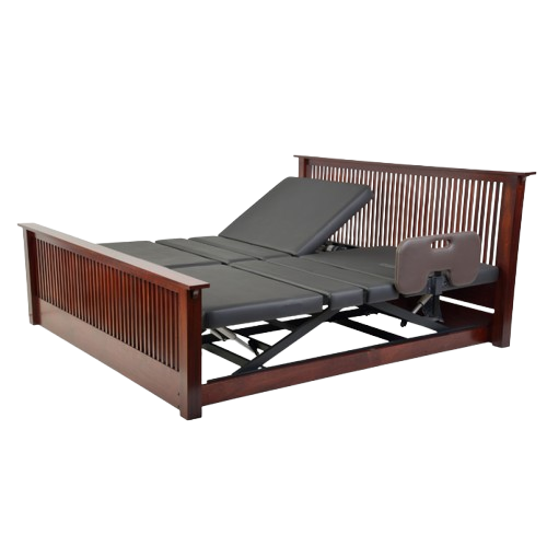 Front View Of The Assured Comfort Platform Hi Low Adjustable Bed In The Elevated Height Position Shown In Mission Style Headboard And Footboard With Side Rail And Mahogany Finish