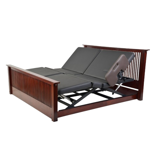 Front View Of The Assured Comfort Platform Hi Low Adjustable Bed In The Elevated Height Position With Articulation Shown In Mission Style Headboard And Footboard With Side Rail And Mahogany Finish