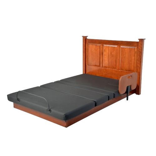 Front View Of The Assured Comfort Platform Hi Low Adjustable Bed In The Flat Height Position Shown In Raised Panel Style Headboard With Side Rail And Cherry Finish