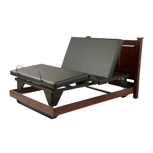 Front View Of The Assured Comfort Signature Hi Low Adjustable Bed In Elevated Height Position And Articulation Shown In Mahogany Finish With Raised Panel Headboard