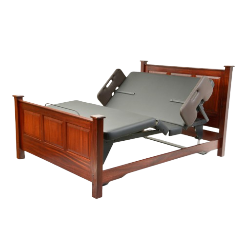 Front View Of The Assured Comfort Signature Hi Low Adjustable Bed In Elevated Height Position And Articulation With Two Side Rails Shown In Cherry Finish With Raised Panel Headboard And Footboard