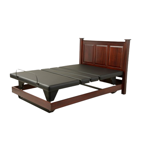 Front View Of The Assured Comfort Signature Hi Low Adjustable Bed In Elevated Height Position Shown In Cherry Finish With Raised Panel Headboard 