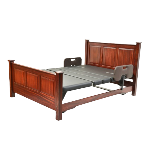 Front View Of The Assured Comfort Signature Hi Low Adjustable Bed In Elevated Height Position With Two Side Rails Shown In Cherry Finish With Raised Panel Headboard And Footboard