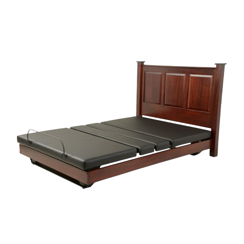 Front View Of The Assured Comfort Signature Hi Low Adjustable Bed In Flat Height Position Shown In Mahogany Finish With Raised Panel Headboard 
