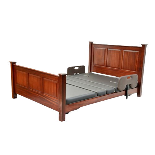 Front View Of The Assured Comfort Signature Hi Low Adjustable Bed In Flat Height Position With Two Side Rails Shown In Cherry Finish With Raised Panel Headboard And Footboard
