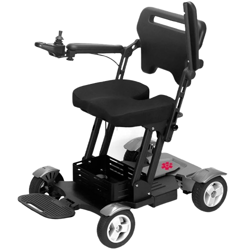 Front View Of The Bangeran Titan Electric Wheelchair Shown In Gray Color With Raised Armrest