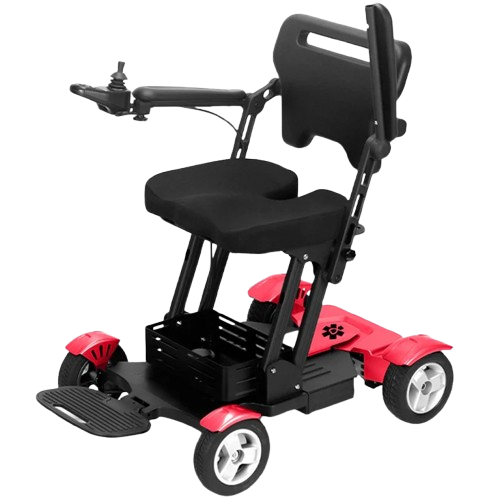 Front View Of The Bangeran Titan Electric Wheelchair Shown In Red Color With Raised Armrest