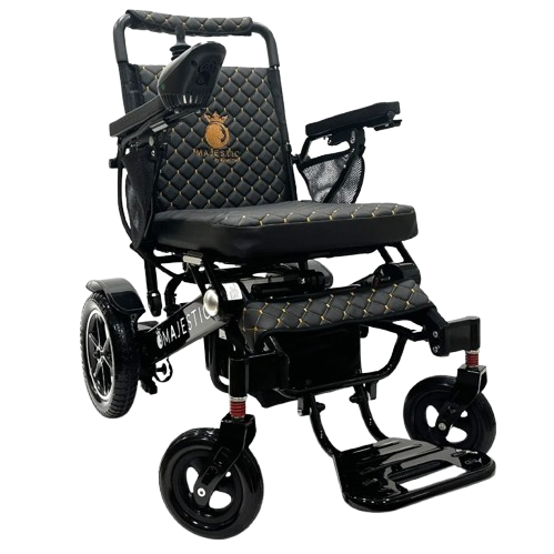 Front View Of The ComfyGo IQ 7000 Electric Wheelchair Shown With Black Colored Cushions And Black Frame