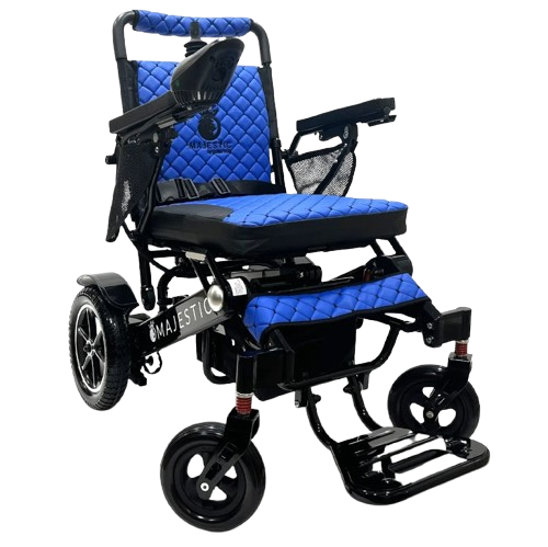 Front View Of The ComfyGo IQ 7000 Electric Wheelchair Shown With Blue Colored Cushions And Black Frame