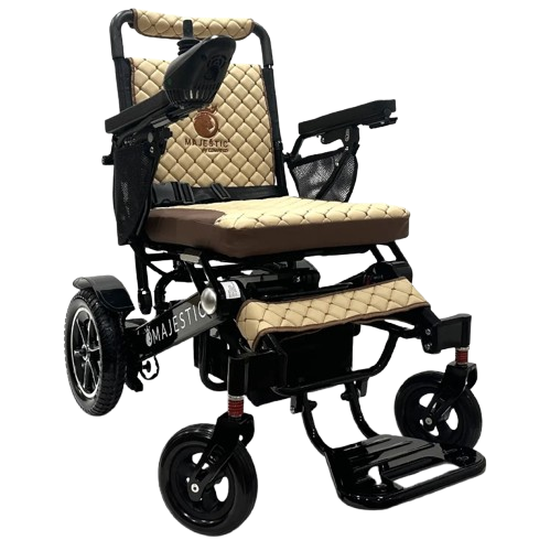 Front View Of The ComfyGo IQ 7000 Electric Wheelchair Shown With Coffee Colored Cushions And Black Frame