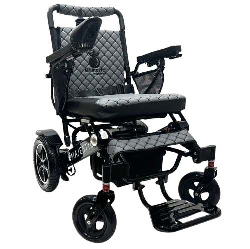 Front View Of The ComfyGo IQ 7000 Electric Wheelchair Shown With Gray Colored Cushions And Black Frame
