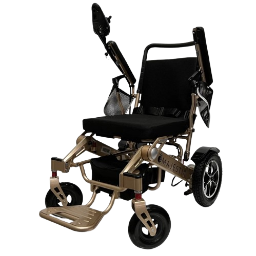 Front View Of The ComfyGo IQ 7000 Electric Wheelchair Shown With Standard Cushion Color And Gold Frame Color
